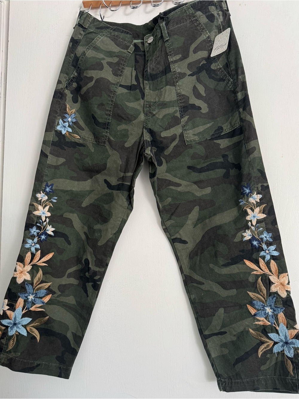 Free People Green Camo Embroidered Cropped Jeans